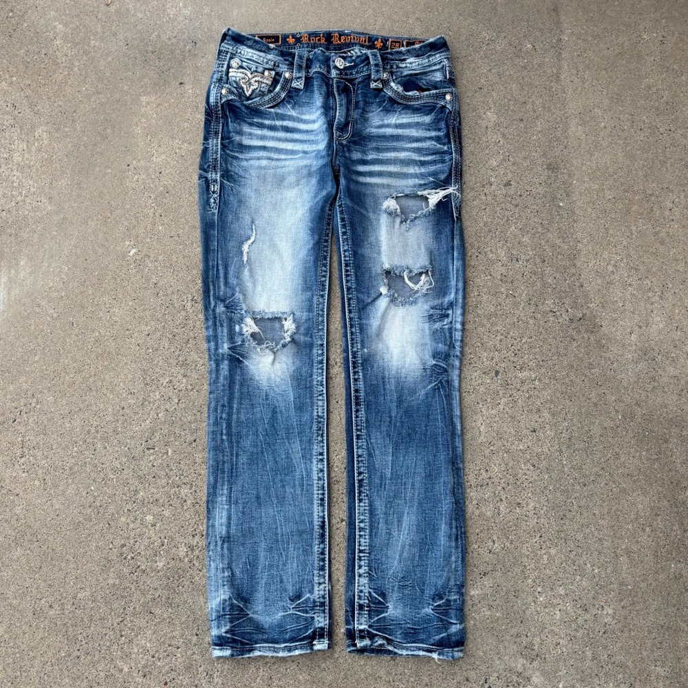 Rock Revival Sosie Light Wash Mid-Rise Distressed Whiskered Men's Jeans Size 28